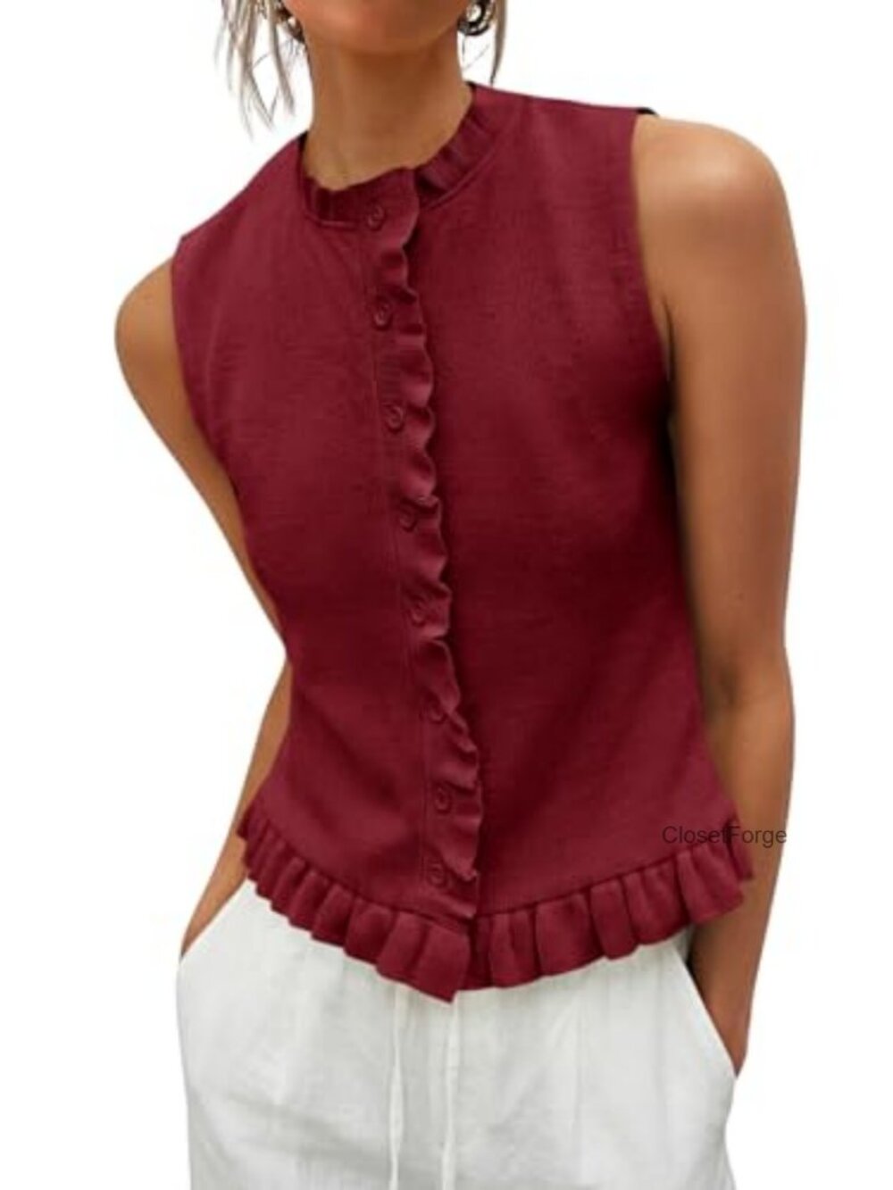Womens Sleeveless Ribbed Knit Sweater Vest Ruffle Trim Button Down Tank Top